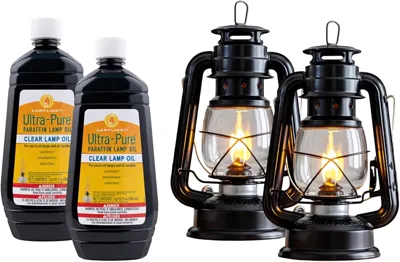 Lamplight Emergency Lighting Kit– 2 Indoor Hurricane Oil Lamps & 2 Bottles of 32 oz. Ultra-Pure Paraffin Lamp Oil (Sootless, Smokeless, Odorless) – Emergency Prep Kit for Power Outages & Preparedness